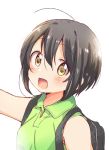  1girl black_hair blush breasts brown_eyes collared_shirt eyebrows_visible_through_hair green_shirt looking_at_viewer natsuno_hanabi open_mouth shirt short_hair simple_background sketch sleeveless small_breasts smile solo tachibanakan_to_lie_angle tatsunokosso upper_body white_background 