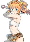  1girl :o aqua_eyes armpits arms_up bangs bare_arms bare_shoulders bikini bikini_under_clothes blush breasts cleavage club commentary_request cowboy_shot hair_ornament hair_scrunchie highres holding holding_weapon horns idolmaster idolmaster_(classic) long_hair looking_at_viewer miniskirt navel open_mouth orange_hair orange_skirt scrunchie setsubun sidelocks simple_background skirt small_breasts solo spiked_club stomach strapless strapless_bikini striped striped_skirt swimsuit takatsuki_yayoi tareme tsurui twintails upskirt v-shaped_eyebrows weapon white_background white_bikini 