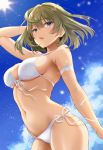  1girl :o arched_back arm_strap arm_up armpit_crease bare_arms bare_shoulders bikini blue_eyes blue_sky breasts clouds commentary_request cowboy_shot day front-tie_bikini front-tie_top green_eyes green_hair groin hair_between_eyes heterochromia highres idolmaster idolmaster_cinderella_girls light_particles looking_at_viewer medium_breasts mole mole_under_eye natsu_(nattiyann) navel open_mouth short_hair side-tie_bikini sidelocks sky solo standing stomach strap_gap sun sunlight swimsuit takagaki_kaede teeth white_bikini 