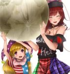 2girls :d ^_^ akehi_yuki american_flag_dress arms_up bangs bare_shoulders black_choker black_shirt blonde_hair blue_dress blush breasts chains choker cleavage closed_eyes closed_eyes clownpiece commentary_request cowboy_shot dress eyebrows_visible_through_hair facing_viewer green_skirt hat hecatia_lapislazuli holding jester_cap large_breasts long_hair moon_(ornament) multicolored multicolored_clothes multicolored_skirt multiple_girls nail_polish neck_ruff off-shoulder_shirt off_shoulder open_mouth plaid plaid_skirt polka_dot polka_dot_hat polos_crown purple_hat purple_skirt red_dress red_nails red_skirt redhead shirt short_sleeves simple_background skirt smile standing star star_print striped striped_dress sweat swept_bangs t-shirt touhou upper_body violet_eyes white_background white_dress 