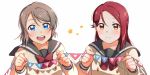  2girls :d absurdres blue_eyes blush bow bowtie double-breasted grey_hair hair_ornament hairclip half_updo highres holding long_hair long_sleeves looking_at_viewer love_live! love_live!_sunshine!! multiple_girls open_mouth red_neckwear redhead sakurauchi_riko school_uniform serafuku short_hair smile star string_of_flags upper_body uranohoshi_school_uniform watanabe_you yellow_eyes yuchi_(salmon-1000) 