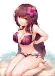  1girl absurdres barefoot bikini breasts cleavage deru06 fate/grand_order fate_(series) flower hair_flower hair_intakes hair_ornament hibiscus highres huge_filesize large_breasts long_hair paid_reward patreon_reward pink_bikini purple_hair red_eyes scathach_(fate)_(all) scathach_(fate/grand_order) scathach_(swimsuit_assassin)_(fate) sitting swimsuit wariza 