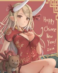  1girl 2019 animal bangs boar breasts brown_eyes brown_hair china_dress chinese_clothes chinese_zodiac cleavage cleavage_cutout closed_mouth commentary dark_skin draph dress earrings eyebrows_visible_through_hair granblue_fantasy hand_up happy_new_year highres hikari_niji horns jewelry kuvira_(granblue_fantasy) long_hair looking_at_viewer medium_breasts new_year pointy_ears red_dress short_sleeves sitting smile solo swept_bangs twitter_username very_long_hair year_of_the_pig 