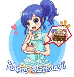  1girl :d aikatsu! aikatsu!_(series) bangs bare_arms bare_shoulders birthday_cake blonde_hair blue_background blue_choker blue_dress blue_eyes blue_hair blush brown_hair cake character_doll character_name character_request choker closed_mouth collarbone dress food hand_up happy_birthday head_tilt heart holding holding_plate kiriya_aoi long_hair nuno_(pppompon) open_mouth plate side_ponytail sidelocks sleeveless sleeveless_dress smile solid_oval_eyes solo two-tone_background white_background 