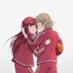  2girls arm_around_shoulder basketball blush closed_eyes from_behind grey_hair hair_ornament hairclip half_updo hand_on_another&#039;s_back highres jacket long_hair long_sleeves love_live! love_live!_sunshine!! multiple_girls open_mouth pants red_jacket red_pants redhead sakurauchi_riko short_hair smile sweatband track_jacket track_pants watanabe_you yuchi_(salmon-1000) 