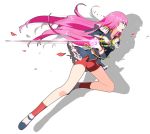 1girl absurdres bike_shorts black_jacket blue_eyes character_request floating_hair from_side full_body highres holding holding_sword holding_weapon jacket long_hair open_mouth pianzu_mao pink_hair red_legwear red_shorts shadow shiny shiny_hair short_shorts shorts simple_background solo sword very_long_hair weapon white_background 