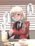  1girl alcohol beer beer_mug blush chopsticks commentary_request drunk girls_frontline grey_hair helianthus_(girls_frontline) highres military military_uniform monocle necktie pointing pointing_at_self solo speech_bubble take_(trude1945oneetyan) translation_request uniform 