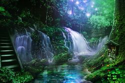  dappled_sunlight day flower foliage forest monorisu nature no_humans original outdoors plant reflection rock scenery shrine stairs stone_wall stream sunlight tree wall water waterfall 