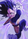  1boy angry armor black_eyes black_hair boots dragon_ball dragonball_z fighting_stance frown galick_gun gloves incoming_attack looking_down male_focus reeya short_hair signature spiky_hair tail vegeta white_gloves 