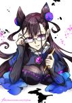  1girl adjusting_eyewear black_hair breasts brush calligraphy_brush chyttsai double_bun dress eyebrows_visible_through_hair fate/grand_order fate_(series) frilled_shirt_collar frills glasses hair_between_eyes hair_ornament holding holding_brush ink ink_stain jewelry large_breasts long_hair murasaki_shikibu_(fate) open_eyes open_mouth paintbrush parted_lips ribbed_sweater simple_background smile solo striped striped_dress sweater teeth violet_eyes white_background 