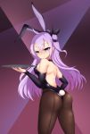  1girl absurdres ahoge animal_ears azur_lane backless_outfit bare_shoulders blush bunny_girl bunnysuit commentary_request detached_sleeves fake_animal_ears fake_tail from_behind fune_yoi hair_ribbon hairband heart heart-shaped_pupils highres holding holding_tray long_hair looking_at_viewer one_side_up pantyhose purple_hair rabbit_ears ribbon smile solo symbol-shaped_pupils tail tray unicorn_(azur_lane) very_long_hair violet_eyes 