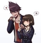  1boy 1girl alternate_hair_length alternate_hairstyle bag bangs beard blue_jacket blush brown_hair collarbone criis-chan dangan_ronpa facial_hair hair_ornament hairclip harukawa_maki heart holding holding_bag jacket long_sleeves momota_kaito necktie new_dangan_ronpa_v3 open_clothes open_jacket open_shirt purple_hair red_eyes red_shirt shirt short_hair simple_background speech_bubble spiky_hair standing striped striped_neckwear upper_body watermark web_address white_background white_shirt 