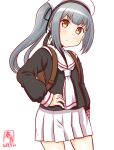  1girl alternate_costume artist_logo backpack bag black_blouse blouse brown_eyes cardcaptor_sakura cosplay cowboy_shot dated eyebrows_visible_through_hair grey_hair kanon_(kurogane_knights) kantai_collection kasumi_(kancolle) long_hair long_sleeves looking_at_viewer neckerchief one-hour_drawing_challenge randoseru sailor_collar school_uniform side_ponytail silver_hair simple_background skirt solo tomoeda_elementary_school_uniform white_background white_headwear white_neckerchief white_sailor_collar white_skirt yellow_eyes 