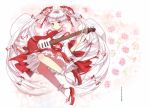  1girl :&lt; absurdres alternate_costume alternate_hairstyle bangs bare_legs blunt_bangs blush bobby_socks bow colored_eyelashes domotolain electric_guitar eyelashes floral_background fujiwara_no_mokou full_body geta guitar hair_bow highres holding holding_instrument huge_filesize instrument japanese_clothes kimono long_hair long_sleeves looking_at_viewer obi ofuda petticoat plectrum red_eyes red_footwear red_skirt ribbon-trimmed_sleeves ribbon_trim sandals sash silver_hair skirt socks solo suspender_skirt suspenders thighs touhou translation_request twintails very_long_hair white_bow white_kimono white_legwear wide_sleeves 