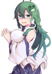  1girl ahoge bangs bare_shoulders blue_skirt blush breasts commentary_request cowboy_shot crying crying_with_eyes_open detached_sleeves eyebrows_visible_through_hair frog_hair_ornament furorina green_eyes green_hair hair_between_eyes hair_ornament hair_tubes highres kochiya_sanae large_breasts long_hair long_sleeves looking_at_viewer nose_blush open_mouth own_hands_together shirt sidelocks simple_background skirt smile snake_hair_ornament solo standing steepled_fingers tears touhou white_background white_shirt wide_sleeves wing_collar 
