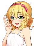  1girl :d bangs bare_arms bare_shoulders blonde_hair blush bow camisole collarbone eyebrows_visible_through_hair green_eyes hair_between_eyes hair_bow hand_up idolmaster idolmaster_cinderella_girls looking_at_viewer medium_hair omaru_gyuunyuu open_mouth pink_bow sakurai_momoka simple_background smile solo upper_body w white_background 