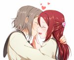  2girls :d ^_^ blush closed_eyes closed_eyes face-to-face finger_to_mouth grey_hair hair_ornament hairclip heart highres hug long_hair long_sleeves love_live! love_live!_sunshine!! multiple_girls open_mouth redhead sakurauchi_riko short_hair sidelocks simple_background smile upper_body watanabe_you white_background yuchi_(salmon-1000) yuri 