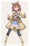  1girl :d absurdres amane_rosylily animal_ear_fluff animal_ears bangs belt belt_buckle black_legwear blush boots brown_background brown_belt brown_coat brown_eyes brown_footwear brown_hair buckle clenched_hands coat collarbone commentary_request criss-cross_halter dress eyebrows_visible_through_hair fang fox_ears fox_girl fox_tail halterneck highres knee_boots long_sleeves looking_at_viewer open_clothes open_coat open_mouth original sekira_ame smile solo standing tail thigh-highs two-tone_background white_background white_dress 