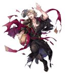  1boy alternate_costume blonde_hair boots fan fire_emblem fire_emblem_heroes fire_emblem_if full_body highres injury japanese_clothes kimono male_focus marks_(fire_emblem_if) mask mask_on_head nintendo official_art open_mouth p-nekor red_eyes teeth torn_clothes transparent_background 