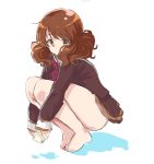  1girl absurdres bare_legs barefoot brown_eyes brown_hair brown_skirt cellphone eyebrows_visible_through_hair eyes_visible_through_hair hibike!_euphonium highres holding holding_phone long_sleeves looking_down mou_(piooooon) neckerchief oumae_kumiko phone pleated_skirt red_neckwear sailor_collar school_uniform serafuku shadow short_hair simple_background sketch skirt sleeves_past_wrists smartphone solo squatting wavy_hair white_background 