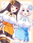  2girls ;d animal_ears apron bangs black_legwear blue_apron blue_eyes blunt_bangs blush border breasts brown_hair cat_ears cat_hair_ornament cat_tail character_request chunithm commentary_request eyebrows_visible_through_hair fang flying_sweatdrops gloves hair_ornament heart highres large_breasts long_hair looking_at_viewer maimai_(game) multiple_girls one_eye_closed open_mouth orange_apron outside_border puffy_shorts red_eyes sanotsuki shirt short_hair shorts smile tail thigh-highs very_long_hair waist_apron waitress white_background white_gloves white_hair white_shirt 