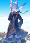  1girl ahoge animal animal_ear_fluff animal_ears animare black_coat black_skirt blue_eyes blue_hair blue_scarf blue_sky breasts coat commentary_request covered_mouth day ear_piercing fur-trimmed_coat fur-trimmed_sleeves fur_trim glowing glowing_eyes hand_up highres horizon kokka_han long_sleeves looking_at_viewer open_clothes open_coat outdoors piercing pleated_skirt scarf shirt skindentation skirt sky small_breasts snow snowing solo souya_ichika striped striped_legwear thigh-highs v-shaped_eyebrows virtual_youtuber white_shirt wolf wolf_ears 