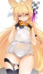  1girl alternate_costume animal_ears bangs blonde_hair blue_eyes blush breasts cat_ears eyebrows_visible_through_hair g41_(girls_frontline) girls_frontline hair_between_eyes hair_ribbon heterochromia highres long_hair looking_at_viewer low-tied_long_hair open_mouth peanutc red_eyes ribbon small_breasts solo swimsuit twintails very_long_hair white_swimsuit 