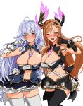  2girls ;d ahoge alternate_costume bangs bare_shoulders belt between_breasts black_gloves black_legwear black_skirt blue_skirt blush bow braid breasts brown_eyes brown_hair cleavage cleavage_cutout embarrassed finger_to_face gloves granblue_fantasy hair_between_eyes hair_bow hair_ornament hairclip head_wings highres kurokawa_otogi large_breasts long_hair looking_at_viewer midriff multiple_girls navel necktie necktie_between_breasts one_eye_closed open_mouth silva_(granblue_fantasy) silver_hair simple_background skirt smile song_(granblue_fantasy) thigh-highs twin_braids very_long_hair white_background white_bow white_gloves white_legwear zettai_ryouiki 