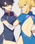  2girls alternate_costume alternate_hair_length alternate_hairstyle ass bare_shoulders bayonetta bayonetta_(character) bayonetta_2 blonde_hair blue_eyes breasts china_dress chinese_clothes cleavage_cutout dress glasses gloves lipstick long_hair looking_at_viewer makeup metroid mole mole_under_mouth multiple_girls nintendo open_mouth pelvic_curtain platinum_games_inc. ponytail samus_aran sega short_hair side_slit sleeveless smile sora_(company) super_smash_bros. super_smash_bros._ultimate super_smash_bros_for_wii_u_and_3ds wusagi2 