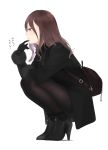 1girl ama_mitsuki bag black_coat black_footwear black_gloves black_legwear black_scarf brown_eyes brown_hair commentary_request fine_fabric_emphasis from_side full_body gloves high_heels long_hair long_sleeves looking_away original pantyhose parted_lips profile scarf shadow simple_background solo squatting translated white_background winter_clothes 