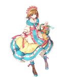  1girl aqua_eyes bangs basket boots brown_footwear brown_hair closed_mouth dress eyebrows_visible_through_hair fire_emblem fire_emblem:_souen_no_kiseki fire_emblem_heroes floral_print flower frills full_body hairband highres holding long_dress long_skirt long_sleeves mist_(fire_emblem) miwabe_sakura nintendo official_art rose shiny shiny_hair short_hair sidelocks skirt smile solo transparent_background 