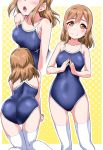  1girl all_fours ass bangs blue_swimsuit blush bouncing_breasts breasts brown_hair collarbone commentary_request competition_school_swimsuit gluteal_fold halftone halftone_background head_out_of_frame highres kunikida_hanamaru logo looking_at_viewer love_live! love_live!_sunshine!! multiple_views one-piece_swimsuit open_mouth outline school_swimsuit smile steepled_fingers swimsuit thigh-highs wet white_legwear white_outline yellow_background yellow_eyes yopparai_oni 