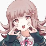  1girl :o bangs black_jacket commentary_request dangan_ronpa dot_nose eyebrows_visible_through_hair face flipped_hair hair_ornament hairclip highres jacket light_brown_hair long_sleeves nanami_chiaki open_clothes open_jacket open_mouth pink_eyes pink_neckwear shirt short_hair simple_background solo super_dangan_ronpa_2 upper_teeth white_background white_shirt y3010607 