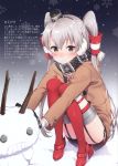  1girl absurdres amatsukaze_(kantai_collection) bangs blush brown_dress buttons closed_mouth coat dress earmuffs eyebrows_visible_through_hair garter_straps gloves hair_tubes highres kantai_collection long_hair long_sleeves looking_at_viewer masuishi_kinoto red_legwear red_scarf rensouhou-kun scan scarf shiny shiny_hair shiny_skin silver_hair simple_background smile snowflake_print snowflakes snowman solo squatting striped striped_legwear thigh-highs two_side_up windsock winter_clothes winter_coat 