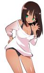  1girl arm_up black_swimsuit brown_hair caburi character_request copyright_request green_eyes hand_on_hip highres long_hair no_pants off_shoulder one-piece_swimsuit shirt simple_background smile solo swimsuit swimsuit_under_clothes waving white_background white_shirt 