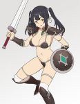  1girl :d armor armored_boots bikini_armor black_hair boots bracer breasts elf elf_(houtengeki) gradient gradient_background grey_background houtengeki jewelry long_hair medium_breasts navel necklace open_mouth original pointy_ears shield shoulder_armor simple_background smile solo sword thigh-highs twintails weapon white_legwear yellow_eyes 