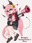  1girl ;d arrow_through_heart bangs black_hairband blunt_bangs blush bow brown_footwear buttons demon_horns demon_tail domino_mask ear_blush earrings fake_horns fangs finger_on_trigger full_body grey_skirt h-3_nozzlenose_(splatoon) hairband happy_valentine heart heart_earrings holding horns inkling jewelry loafers long_hair long_sleeves maco_spl mask one_eye_closed open_mouth pink_eyes pink_hair plaid plaid_skirt pointy_ears shoes skirt sleeves_past_wrists smile socks solo splatoon_(series) tail teeth tentacle_hair valentine very_long_hair white_legwear yellow_bow 