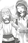  2girls ayakura_juu closed_eyes collarbone dress eyebrows_visible_through_hair fang greyscale highres holo long_hair long_sleeves monochrome mother_and_daughter multiple_girls myuri_(spice_and_wolf) novel_illustration official_art one_eye_closed open_mouth shiny shiny_hair shirt simple_background spice_and_wolf standing white_background 