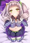  1girl blurry blurry_background blush capelet clenched_teeth commentary_request crop_top gloves groin hair_ornament hat highres hololive kneeling long_hair looking_at_viewer midriff murasaki_shion navel silver_hair solo teeth thigh-highs twintails virtual_youtuber witch_hat yellow_eyes yukishiro_arute 