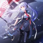  1girl aircraft airplane artist_name azur_lane bangs breasts cleavage collared_shirt commentary essex_(azur_lane) eyebrows_visible_through_hair flag flagpole hair_between_eyes hair_ribbon highres holding holding_flag jacket jacket_on_shoulders lavender_hair medium_breasts necktie nyan_(reinyan_007) pantyhose propeller red_neckwear ribbon shirt sidelocks signature solo standing twintails yellow_eyes 