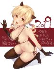  1girl 2019 alternate_costume animal_ears ass bangs bikini blonde_hair blush breasts brown_legwear cleavage collarbone commentary_request drill_hair elbow_gloves eyebrows_visible_through_hair gloves hair_between_eyes large_breasts long_hair looking_at_viewer mahou_shoujo_madoka_magica open_mouth po_ni side-tie_bikini simple_background skindentation smile solo swimsuit thigh-highs tomoe_mami twin_drills 