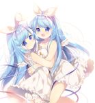  2girls :d absurdres ame_usari bangs bare_arms bare_shoulders bloomers blue_eyes blue_hair blue_ribbon blurry blurry_background blush closed_mouth collarbone commentary_request depth_of_field dress eyebrows_visible_through_hair feathered_wings fingernails hair_ribbon highres hug long_hair looking_at_viewer looking_to_the_side mini_wings multiple_girls near_(sound_voltex) noah_(sound_voltex) open_mouth ribbon short_eyebrows siblings simple_background sisters sleeveless sleeveless_dress smile sound_voltex thick_eyebrows twins underwear very_long_hair white_background white_bloomers white_dress white_ribbon white_wings wings 
