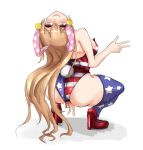  1girl absurdres alternate_costume amagi_(amagi626) american_flag american_flag_legwear animal_ears arched_back ass backless_outfit bare_shoulders blonde_hair breasts bunny_tail bunnysuit clownpiece commentary_request double_v fake_animal_ears fake_tail head_back high_heels highres leotard long_hair looking_ahead looking_back medium_breasts older rabbit_ears red_footwear smile solo squatting tail thick_thighs thigh-highs thighs touhou v violet_eyes white_background 