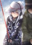  1boy 1girl admiral_(kantai_collection) bangs black_hair black_legwear blue_eyes blush breath camouflage_jacket clouds earmuffs eyebrows_visible_through_hair fishing fishing_rod flat_cap hair_between_eyes hammer_and_sickle hat hibiki_(kantai_collection) highres holding holding_fishing_rod jacket kantai_collection kuuru_(kuuru-n) long_hair long_sleeves open_mouth outdoors pleated_skirt school_uniform serafuku short_hair sitting skirt sky snow verniy_(kantai_collection) white_hair 