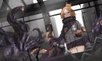  1girl abigail_williams_(fate/grand_order) backlighting bangs black_bow black_jacket blonde_hair blue_eyes bow closed_mouth commentary_request crossed_bandaids day dutch_angle dw fate/grand_order fate_(series) hair_bow hair_bun heroic_spirit_traveling_outfit highres holding indoors jacket key long_hair long_sleeves object_hug orange_bow parted_bangs polka_dot polka_dot_bow sleeves_past_fingers sleeves_past_wrists solo spray_can star stuffed_animal stuffed_toy suction_cups sunlight teddy_bear tentacle thigh_gap 