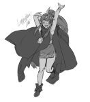  1girl arms_up character_name chiki cloak dress fire_emblem fire_emblem:_mystery_of_the_emblem fire_emblem_heroes full_body greyscale krazehkai leg_up long_hair mamkute monochrome nintendo one_eye_closed open_mouth ponytail short_dress simple_background solo stone tiara white_background 