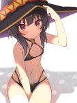  1girl arm_between_legs bikini black_bikini black_hair collarbone flat_chest hat heart heart-shaped_pupils holding holding_hat kono_subarashii_sekai_ni_shukufuku_wo! looking_at_viewer megumin navel osa_(osaosa) red_eyes short_hair sidelocks sitting solo swimsuit symbol-shaped_pupils witch_hat 