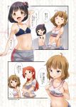  3girls :d :o animal_print arm_up bare_arms bare_shoulders black_hair blue_bra blush bow bow_bra bra breasts brown_hair cat_bra cat_print chestnut_mouth closed_eyes collarbone comic commentary_request crossed_arms grey_pants hair_bobbles hair_ornament hand_behind_head highres idolmaster idolmaster_million_live! long_hair multiple_girls nakatani_iku navel no_shirt one_side_up oogami_tamaki open_mouth orange_hair pants parted_lips polka_dot polka_dot_bra print_bra shirt short_sleeves small_breasts smile suou_momoko track_pants training_bra translation_request underwear undressing white_bra white_shirt whitecheese_tan 