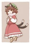  1girl animal_ear_fluff animal_ears bangs black_legwear blush boots border brown_background brown_eyes brown_footwear brown_hair cat_ears cat_tail chen commentary_request dress earrings eyebrows_visible_through_hair full_body green_hat hat jewelry long_sleeves looking_at_viewer mob_cap multiple_tails nekomata petticoat pink_scarf poronegi puffy_sleeves red_dress scarf shirt short_hair simple_background smile solo tail touhou two_tails white_border white_shirt 