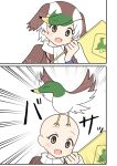 1girl 2koma :d bald bald_girl bird blue_wristband blush brown_eyes brown_hair brown_shirt closed_eyes comic commentary_request cowlick duck emphasis_lines flag green_hair highres indosou kemono_friends open_mouth scarf shirt short_hair short_sleeves simple_background smile solo spot-billed_duck_(kemono_friends) spread_wings white_background white_hair white_scarf 